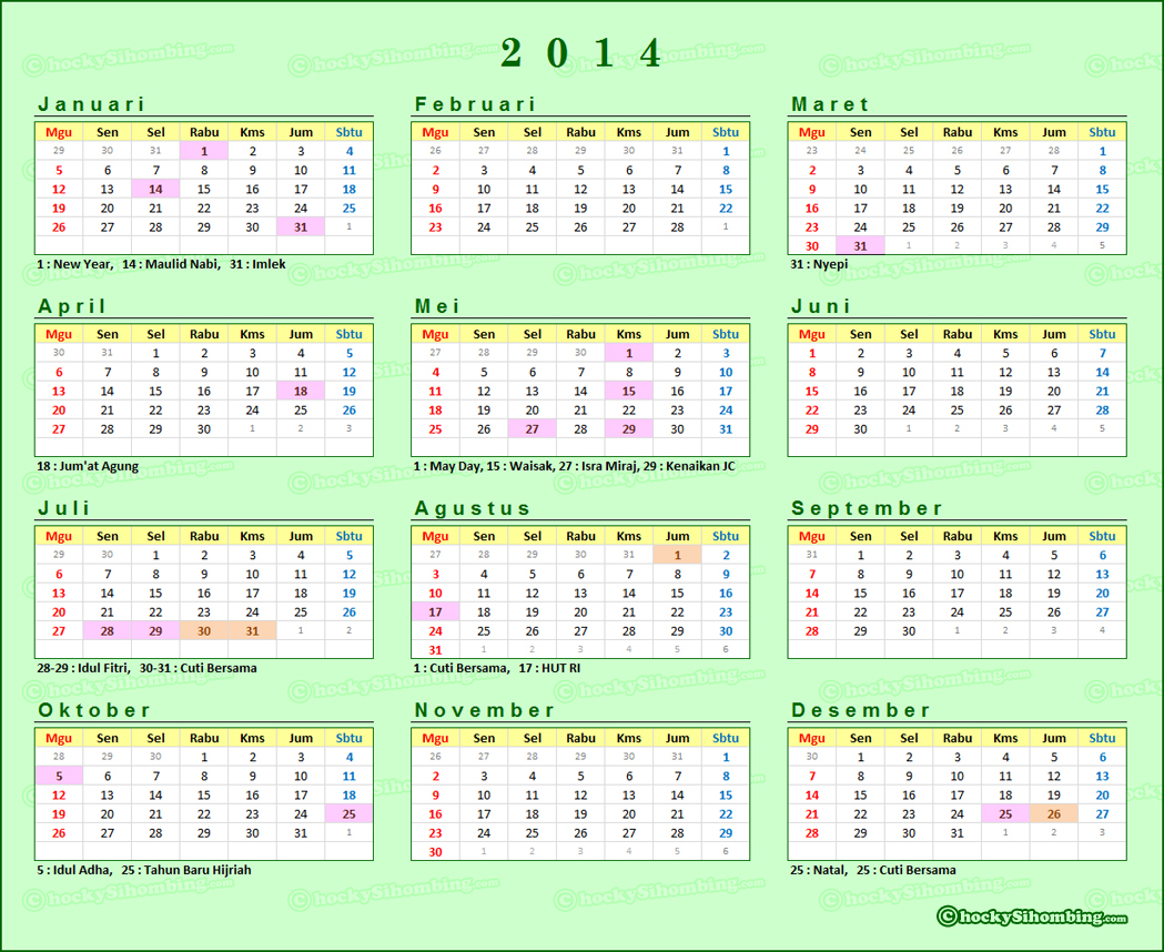 Kalender 2014 Lengkap dengan Hari Libur dan Cuti Bersama 