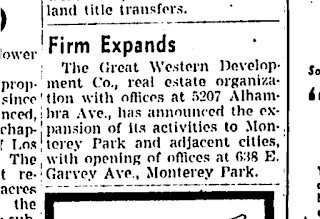 A newspaper clipping reading "Firm Expands. The Great Western Development Co., real estate organization with offices at 5207 Alhambra Ave., has announced the expansion of its activities to Monterey Park and adjacent cities, with opening of offices at 638 E. Garvey Ave, Monterey Park."