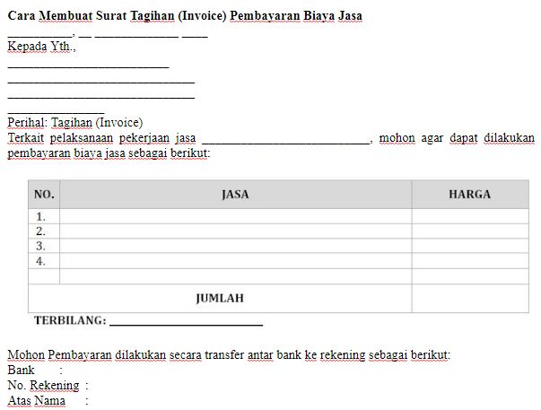 Contoh Cara Membuat Surat Tagihan (Invoice) Pembayaran Biaya Jasa dan