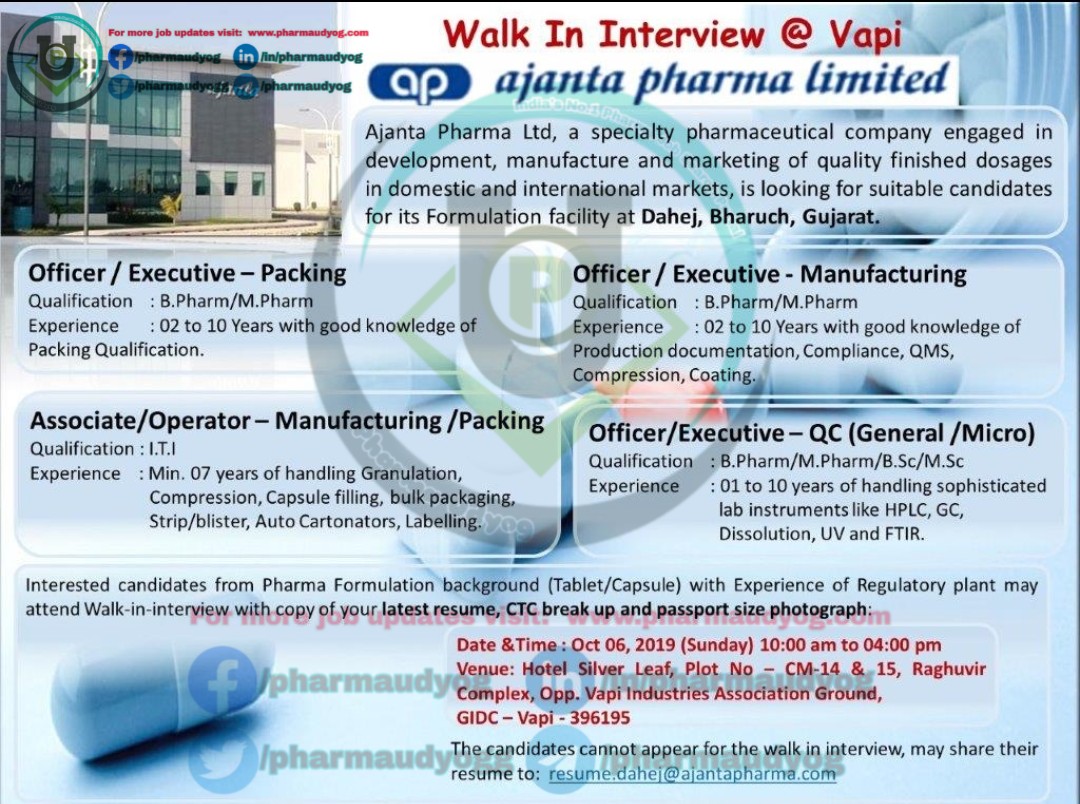 Ajanta Pharma Walk in At Vapi For Production QC Packing On 6 Oct ajanta-pharma-walk-in-at-vapi-for-production-qc-packing-on-6-oct