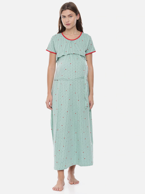 GOLDSTROMS - Women Sea Green & Red Printed Maternity Nightdress