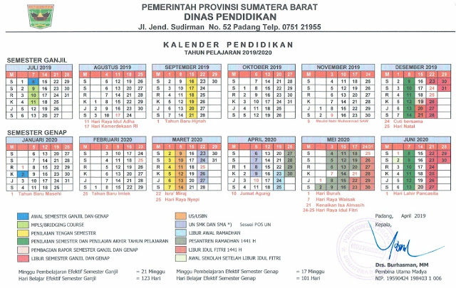  Kalender pendidikan  Tahun Pelajaran 2019/2020 Provinsi Sumatera Barat 