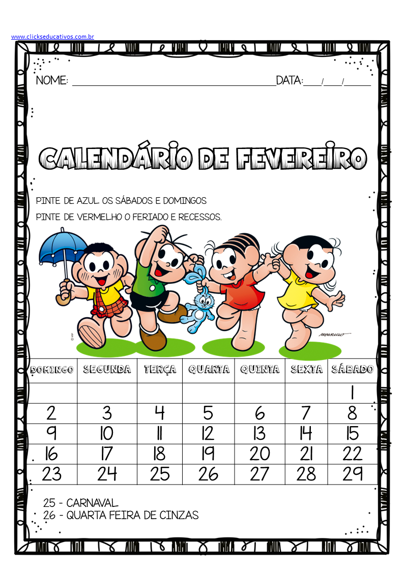 Calendário para imprimir Turma da Mônica