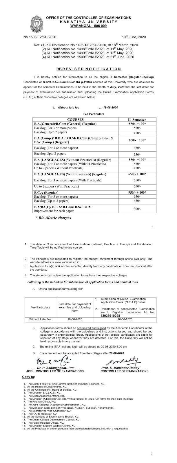 kakatiya university ug 2nd sem reg & backlog july 2020 re-revised fee notification