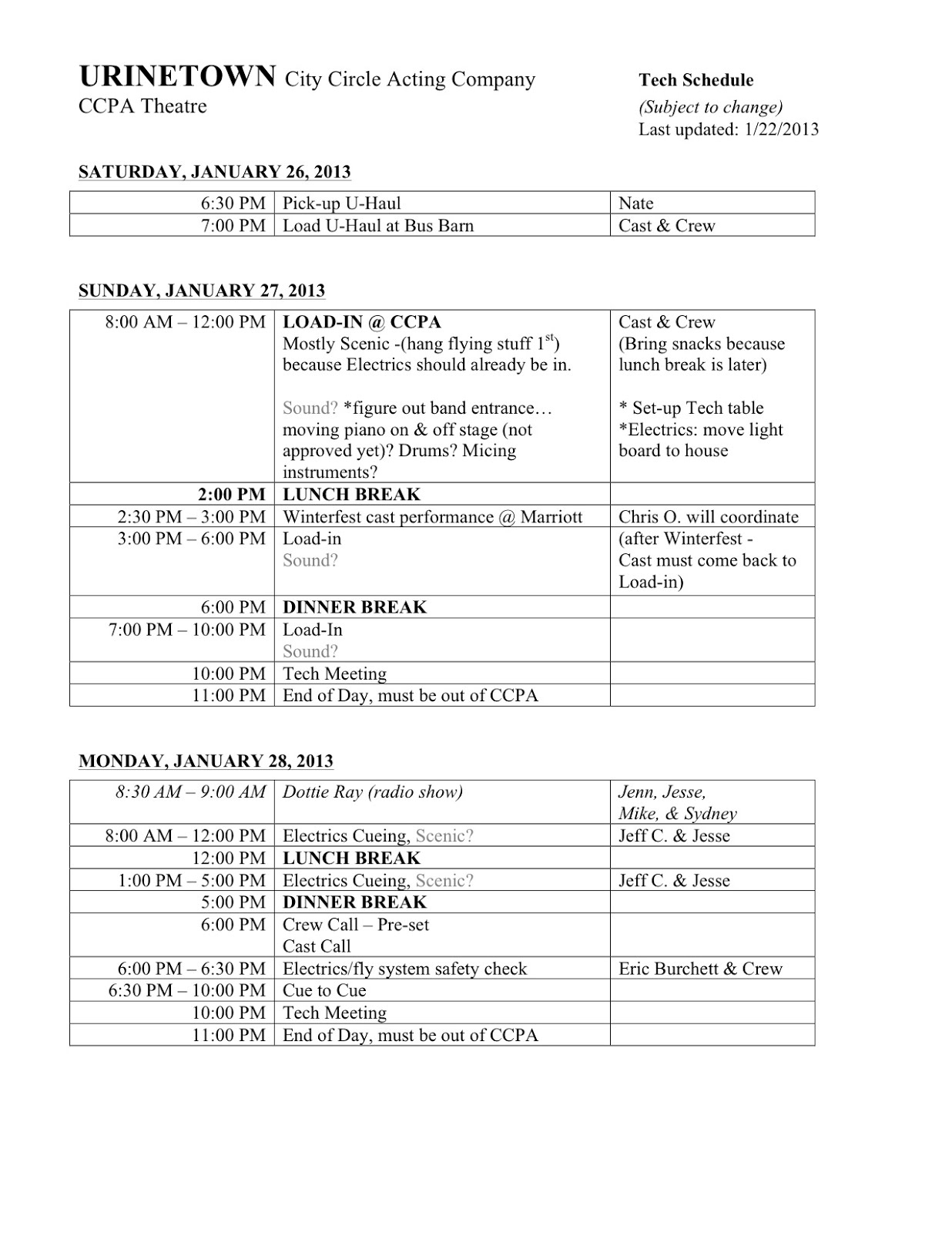 Rehearsal Report TECH SCHEDULE