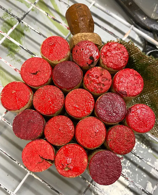 red painted corks with stem and leaf