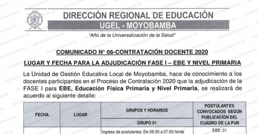 DRE San Martín: Lugar Y Fecha para Adjudicación Fase I - EBE y Nivel Primaria - Contratación Docente 2020 UGEL Moyobamba DRE San Martín: Lugar Y Fecha para Adjudicación Fase I - EBE y Nivel Primaria - Contratación Docente 2020 UGEL Moyobamba