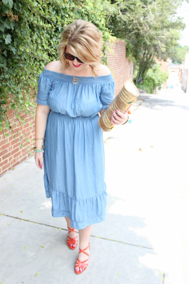 Old Navy chambray dress // J. Crew Wedges // Monogram necklace