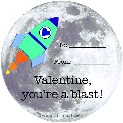 Free printable "You're a blast!" rocket and moon valentine.