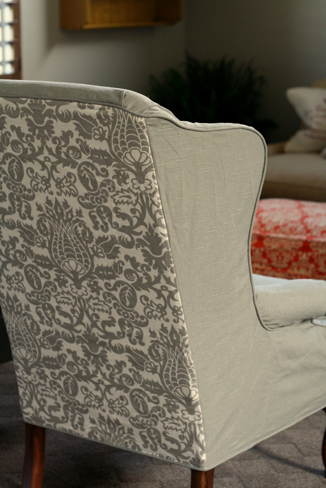 Custom Slipcovers by Shelley Gray Wingbacks with Damask Back