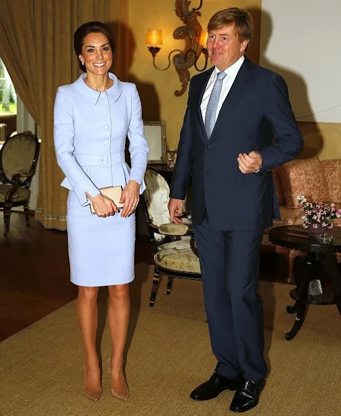 Kate Middleton wore the Catherine Walker dress in pale blue, GIANVITO ROSSI Suede Pumps, LK BENNETT Nina Clutch bag