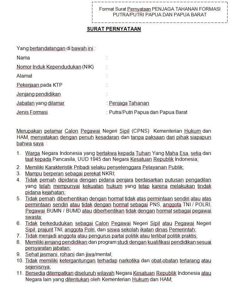 Format Terbaru Contoh Surat Lamaran Pernyataan Cpns Kementerian Hukum Dan Ham Rekrutmen Lowongan Kerja Bulan April 2021