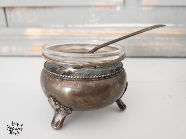footed silver patina salt cellar clear glass insert