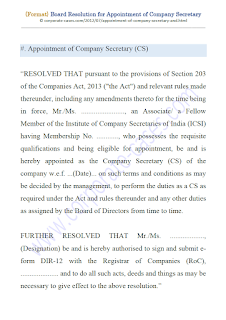 draft board resolution for appointment of company secretary and compliance officer