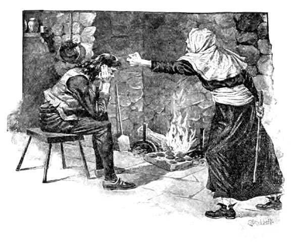 black-and-white illustration of a man in a peasant's clothes sitting staring into a fireplace where several flat cakes lay on a flat stone, as an old woman gestures at him, seemingly scolding him