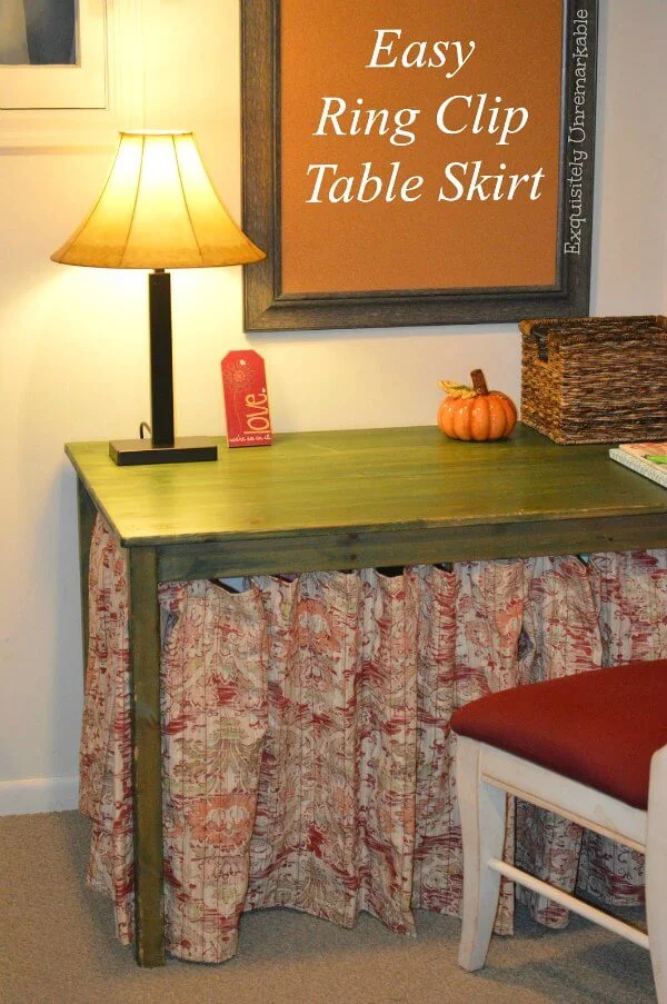 Easy Ring Clip Table Skirt text over photo of skirted desk