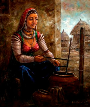 Beautiful Artwork Of Indian Woman Churning Butter By Famous Indian Artist Gopal Khetanchi.