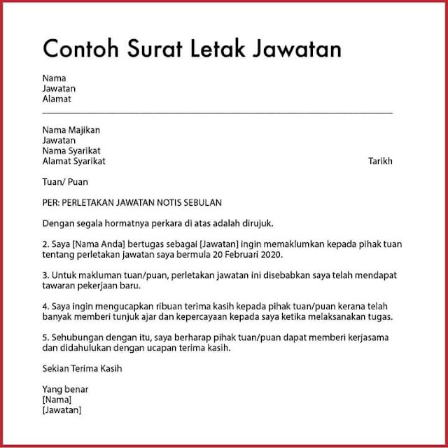 Format Surat Perletakan Jawatan Notis Sebulan