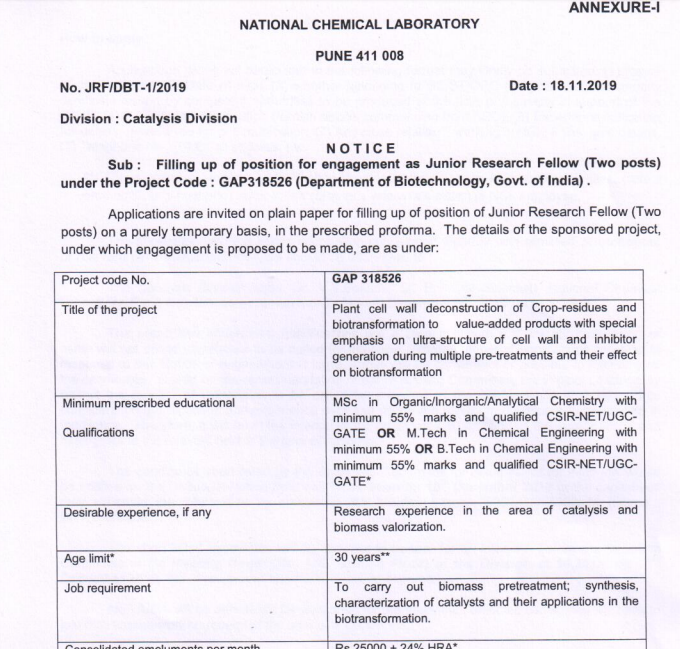 UDYOG ADDA NATIONAL CHEMICAL LABORATORY JRF WALK IN INTERVIEW