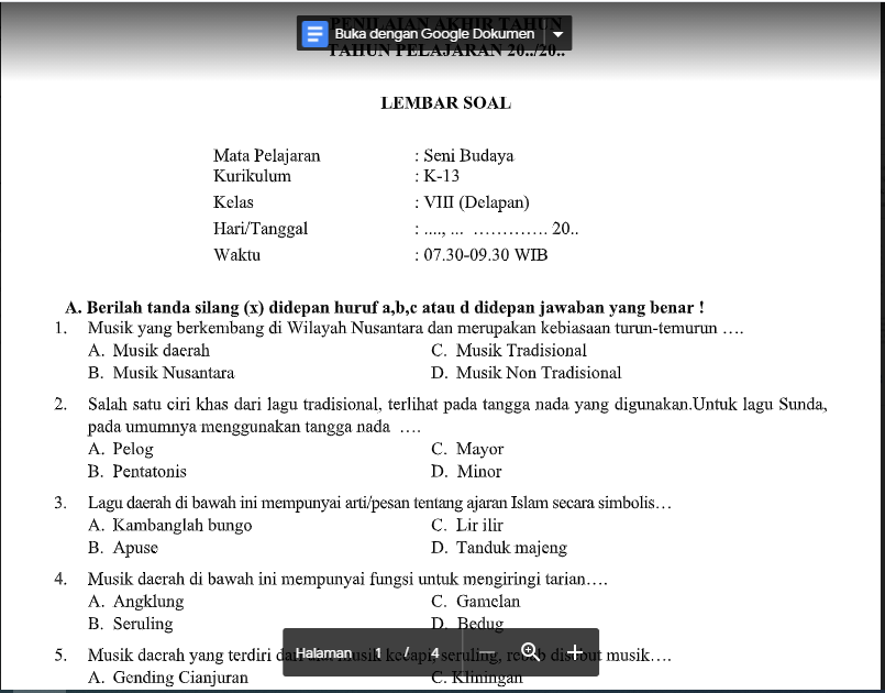 Soal Dan Jawaban Pat Seni Budaya Kelas 8 Kurikulum 2013 Soal Pelajaran