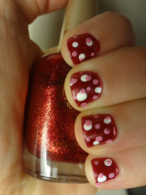 valentine's day nails, red with white and pink dots