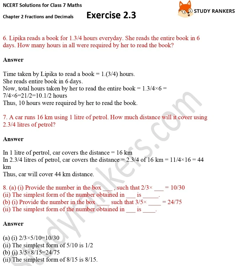 NCERT Solutions for Class 7 Maths Ch 2 Fractions and Decimals Exercise 2.3 5