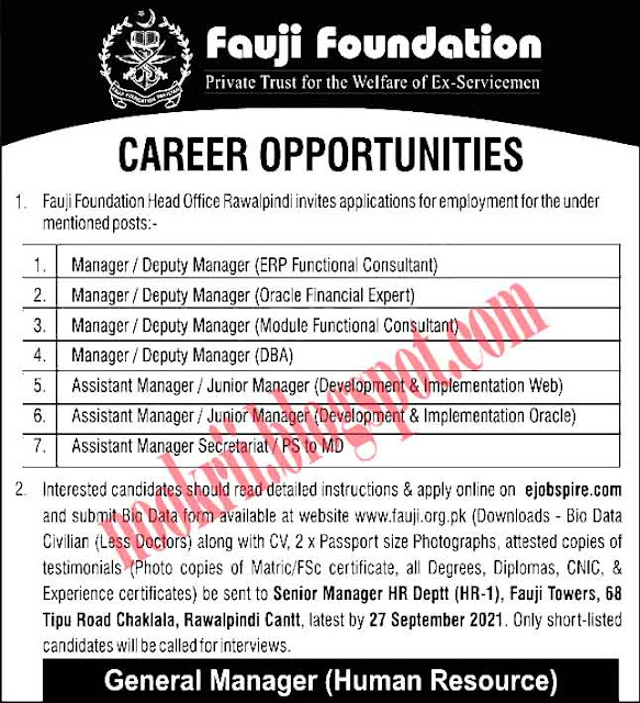 Fauji Foundation Rawalpindi Jobs 2021 – Apply Online at Ejobspire.com