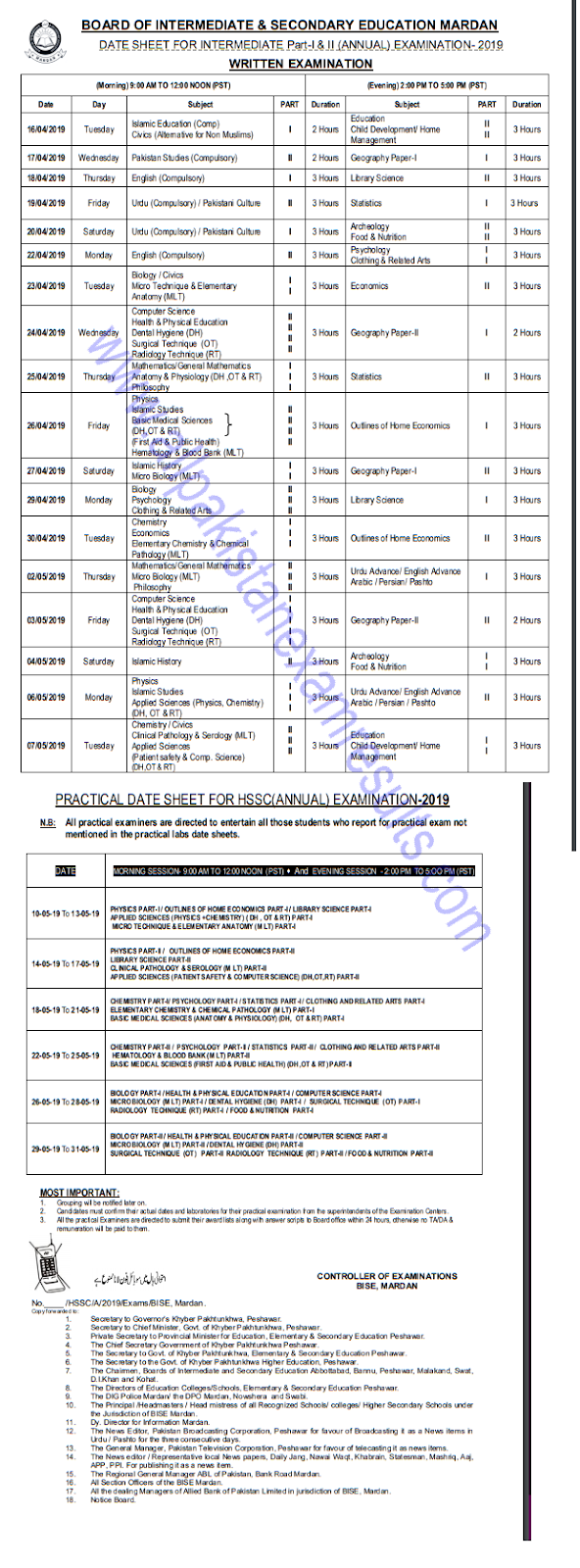 BISE Mardan Board Inter Date Sheet 2019 BISE Mardan Board Inter Date Sheet 2019