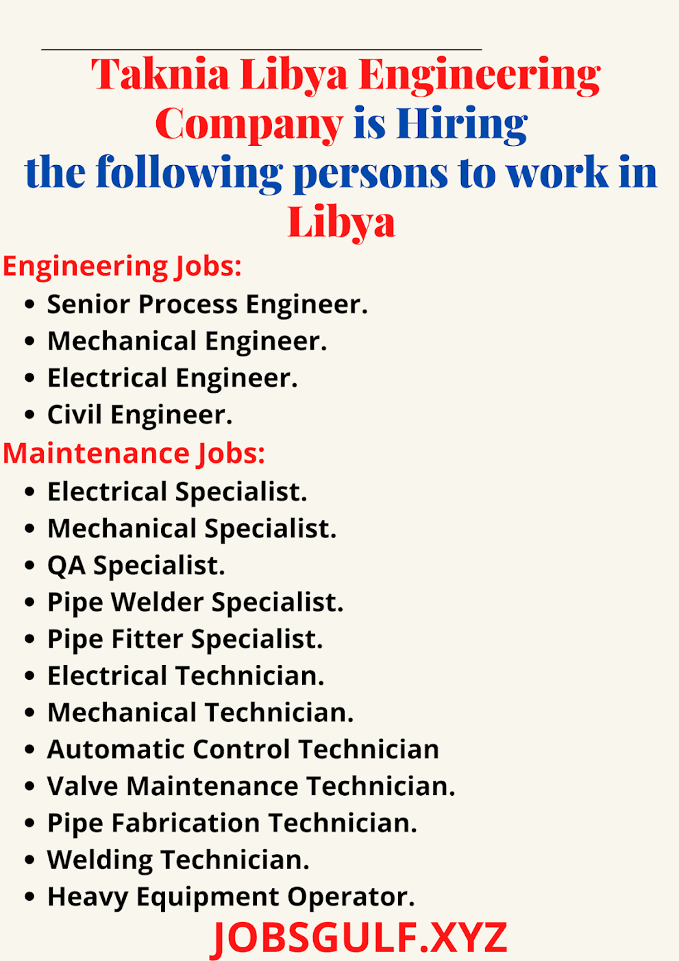  Taknia Libya Engineering Company is Hiring  the following persons to work in Libya Latest Jobs 2021