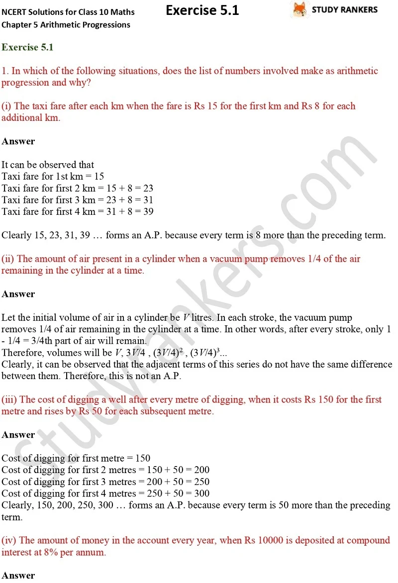 NCERT Solutions for Class 10 Maths Chapter 5 Arithmetic Progressions Exercise 5.1 Part 1