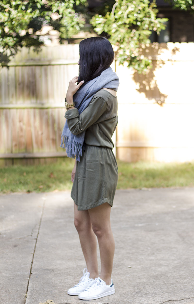 olive green utility dress and stan smith sneakers