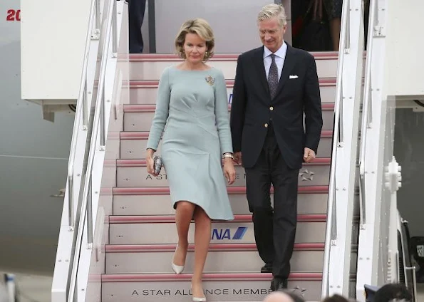 Belgian King Philippe and Queen Mathilde arrive at the Tokyo International Airport, Queen Mathilde wore dress