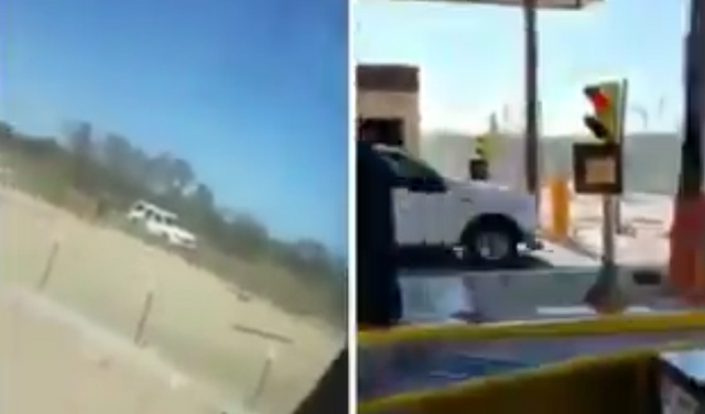 Video.- Sicario se cruza el puente internacional hacia EU cuando huía reventando la caseta y la Border Patrol solo se queda viendo