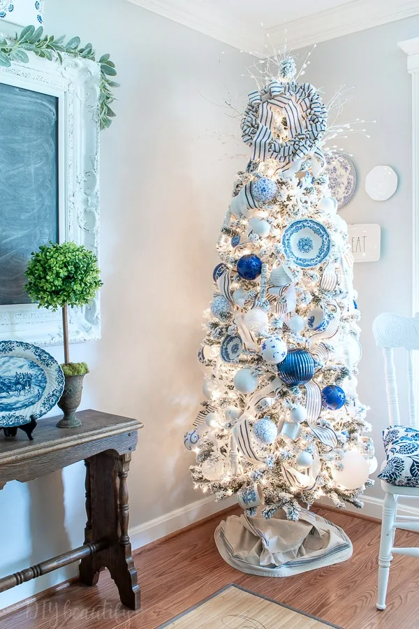 Blue and White French Farmhouse Christmas Tree - DIY Beautify
