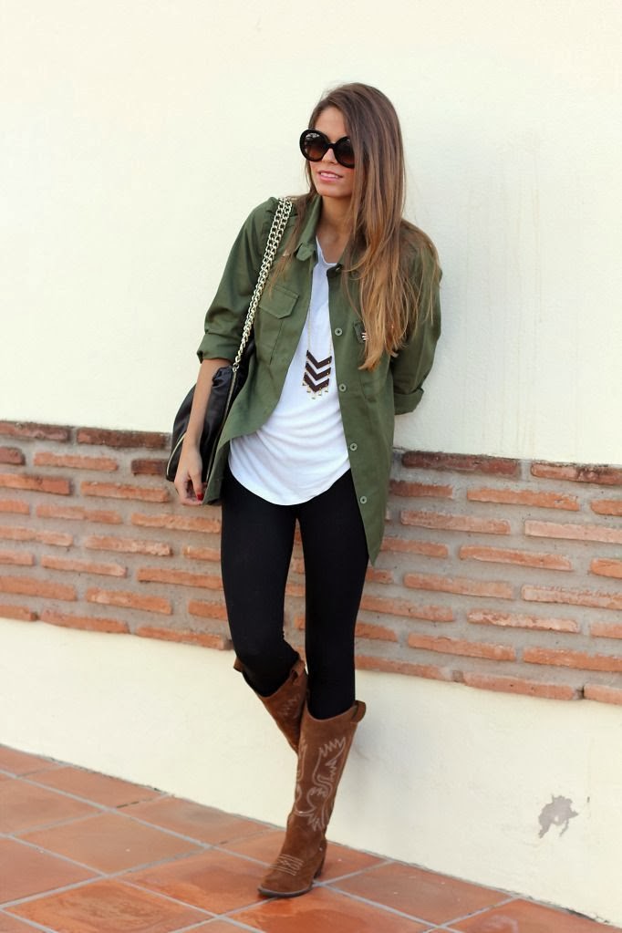 Green shirt white blouse leggings with long boots College Fashion