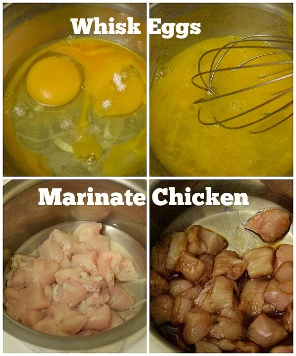 steps to make chicken fried rice - whisk eggs, marinate chicken