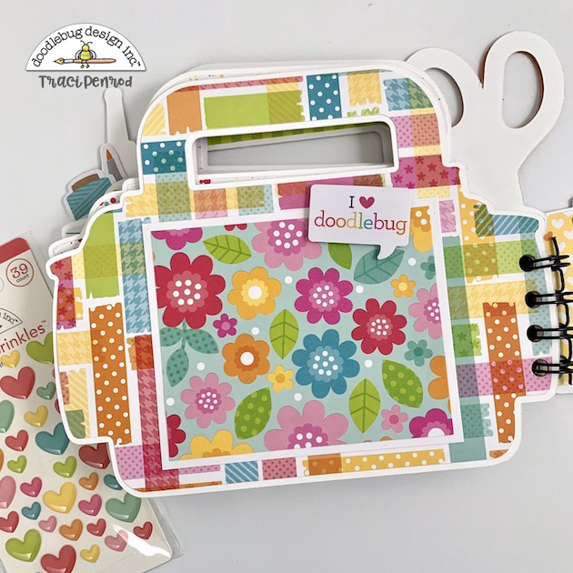 Craft Tote Shaped Scrapbook Album Page with washi tape paper, flowers, and photo mat