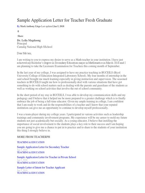 Application Letter For Teacher Fresh Graduate Birthday Letter