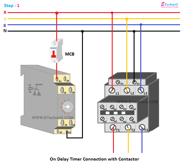 On Delay Timer Connection With Contactor Etechnog Delay Timer Connection With Contactor, 3 Phase Contactor Wiring Diagram A1 A2