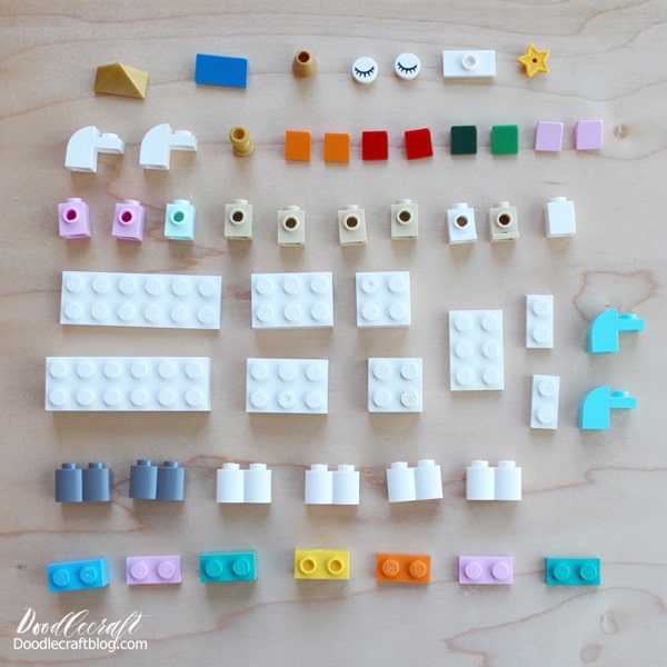 Lego pieces needed to build the most epic Lego Unicorn with a rainbow colored mane, gold tiara and horn, rainbow colored waterfall tail and star cutie mark on the flank!