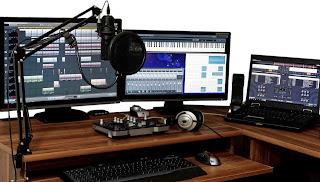 Recording and editing sound studio Sound equipment in studio depicting sound editing of voice overs.
