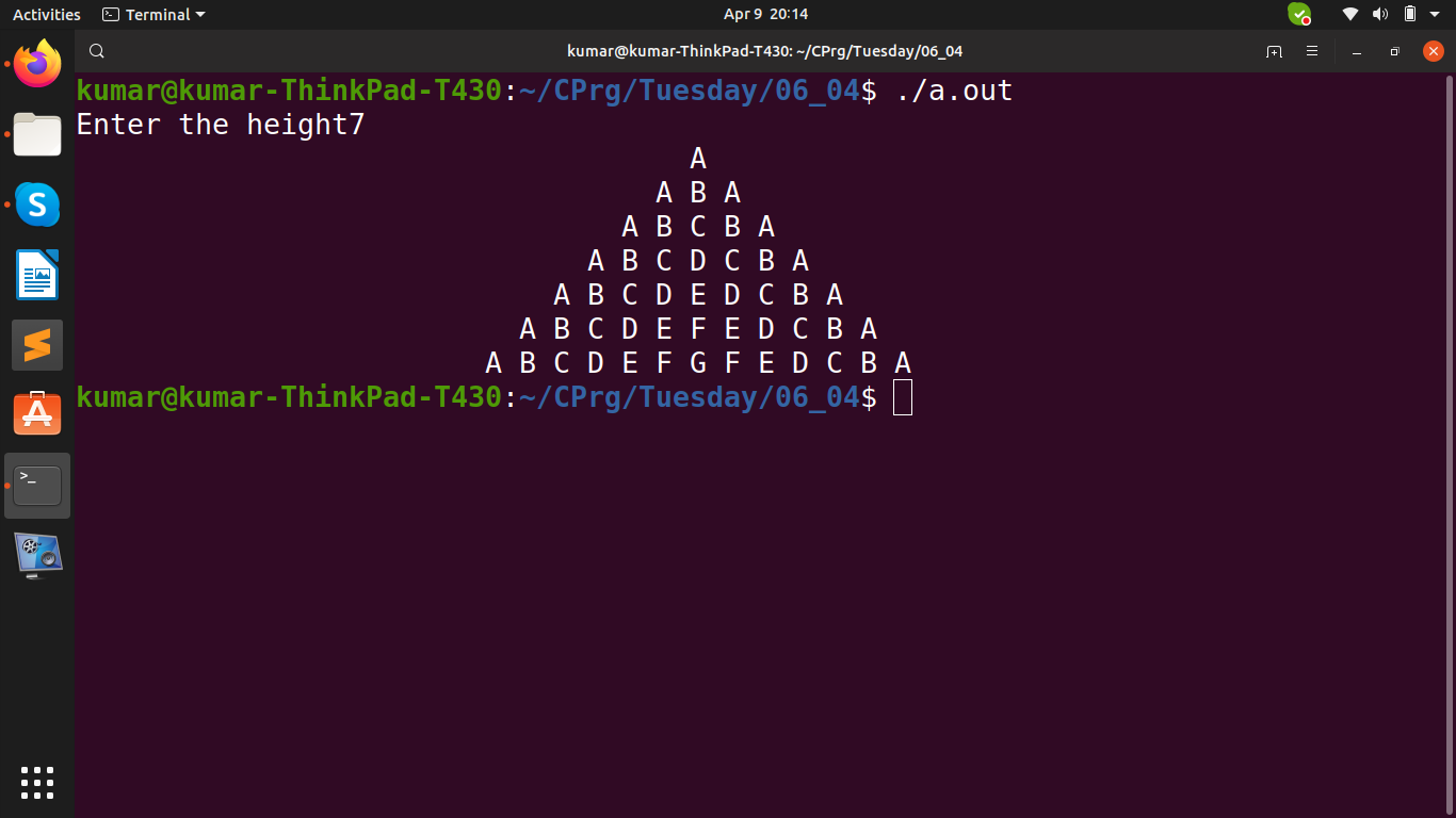 Triangle of alphabets Pattern using C