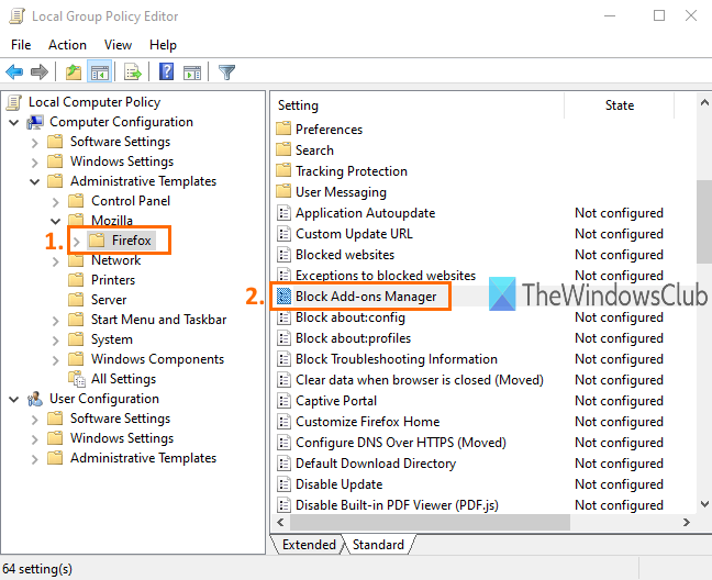 abra la configuración del administrador de complementos de bloque en la carpeta firefox en la política de grupo