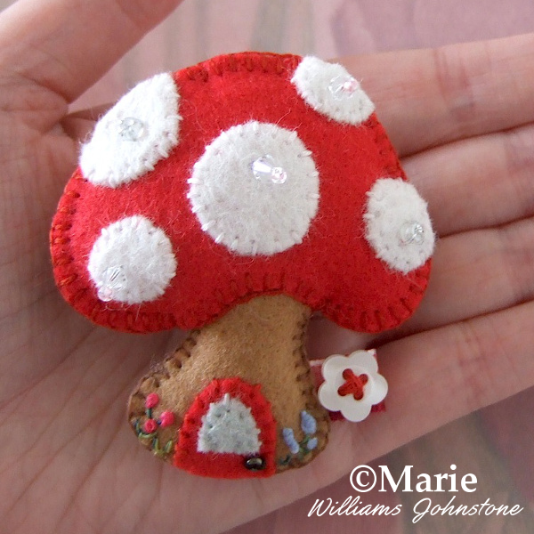 Red white and brown felt fabric miniature toadstool fairy home design ornament