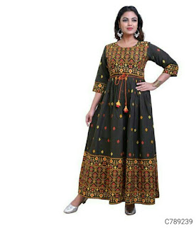 Fancy Rayon Solid With Printed 3/4th Sleeve Floor Length Kurtis