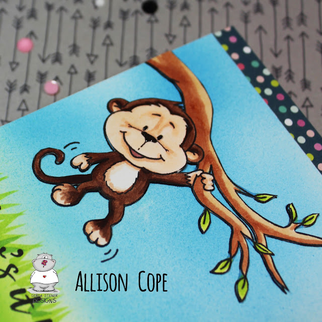 How's it Hanging? card by Allison Cope featuring the Gerda Steiner Designs digital stamps "Monkey Hanging in There" & "Bunny with Glasses". Copic Markers.