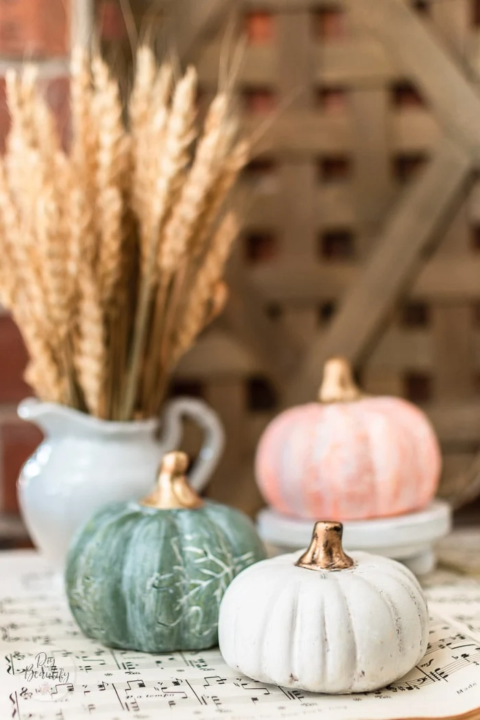white waxed pumpkins with gold toned stems