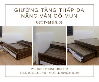 Giường 2 tầng thấp 1m6 có tủ kho vân gỗ Mun có đầu cao tựa cong G2TT-MUN.01