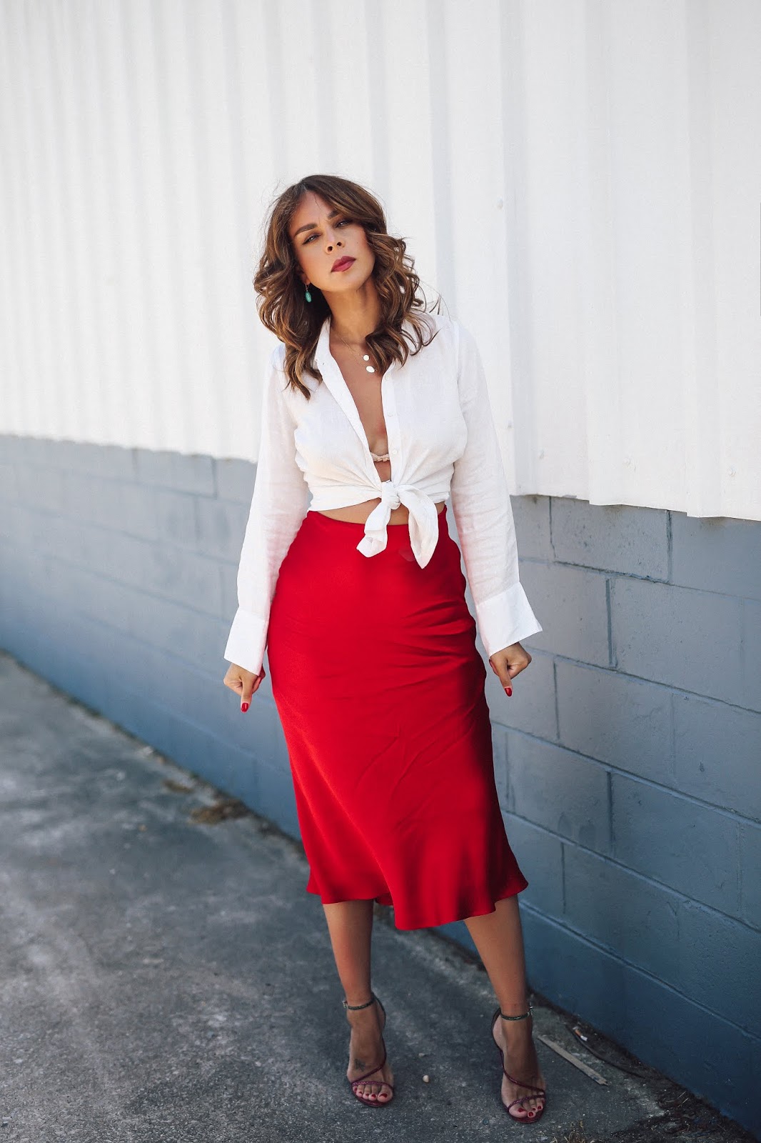 red satin skirt outfit