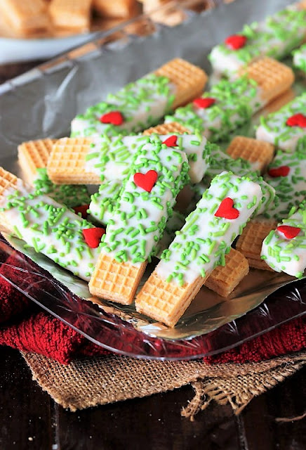 Serving Tray of Grinch White Chocolate Sugar Wafers Image
